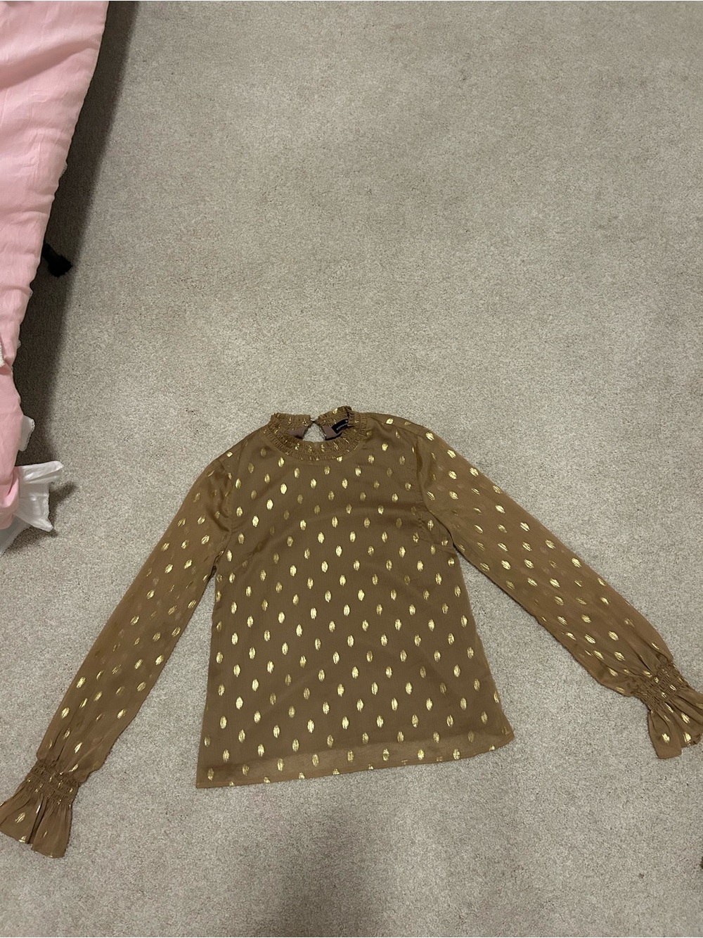 Pomander Place Brown Long-Sleeve Blouse with Gold Dot Accents